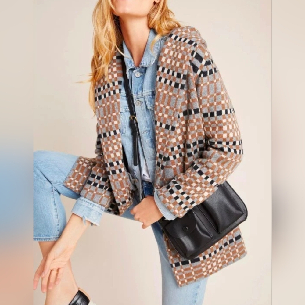 Anthropologie Field Flower Josefa Wool Sweater Coat Size M/L PETITE Taupe Plaid
